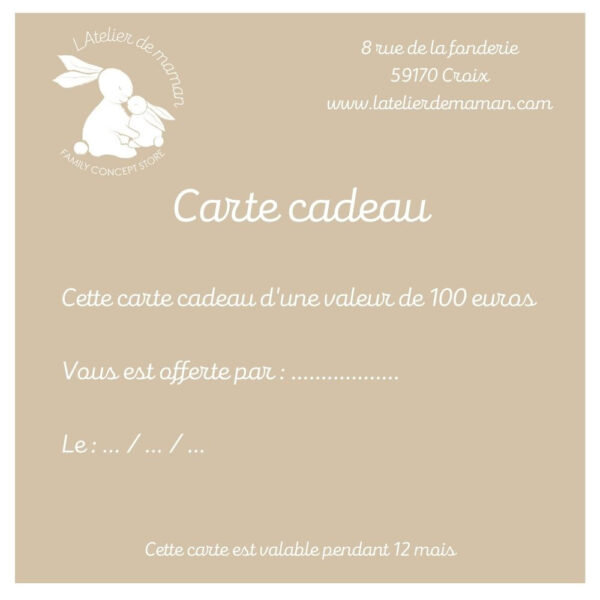 Carte cadeau LAtelier de maman d'une valeur de 100 euros