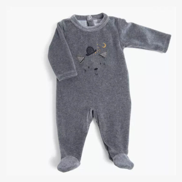 Pyjama gris, en velours, chiné tête de chat en taille 3 mois